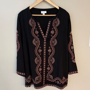 J.Jill Embroidered Bell 3/4 Sleeve Black Rose Coral Knit Tunic size XL
